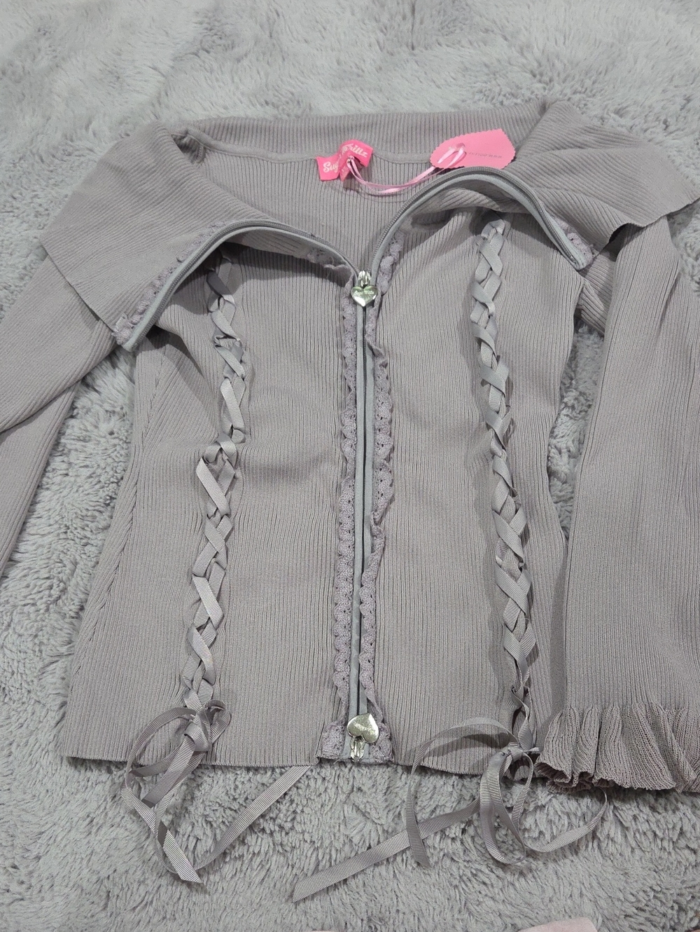 Dolls Kill Sugar Thrillz Light Gray Ribbon-Trim Zip Front Jacket